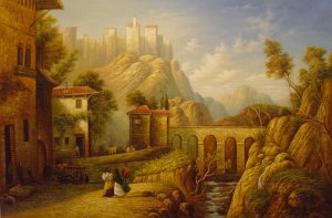 James Webb, Mediterranean Landscape With Villagers, Painting on canvas