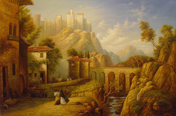 Mediterranean Landscape With Villagers. The painting by James Webb