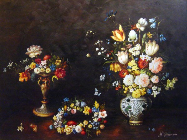 Still Life With A Cop, Crown Of Flowers And A Bouquet Of Flowers. The painting by Jan Bruegel