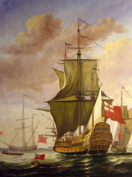 Galleon In Full Sail. The painting by Jan Karel Donatus Van Beecq