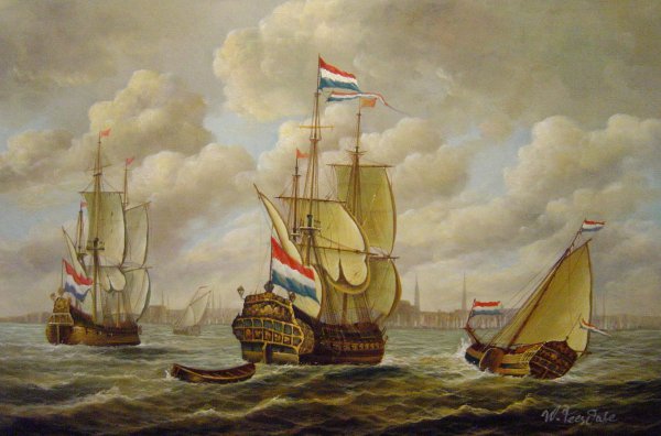 Holland Warships Before Amsterdam. The painting by Jan Karel Donatus Van Beecq