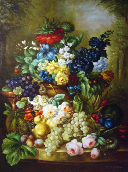 A Still Life Of Flowers, Fruit & Bird's Nest On A Marble Ledge. The painting by Jan Van Os