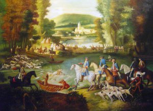 Famous paintings of Horses-Equestrian: Hunting At The Saint-Jean Pond In The Forest Of Compiegne
