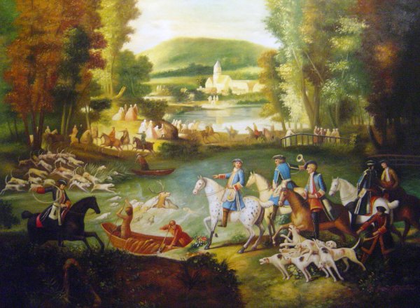Hunting At The Saint-Jean Pond In The Forest Of Compiegne. The painting by Jean-Baptiste Oudry