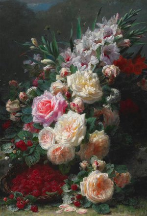 Reproduction oil paintings - Jean Baptiste Robie - A Still life with Flowers and Raspberries