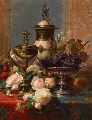 Reproduction oil paintings - Jean Baptiste Robie - A Still Life with Roses, Grapes, and a Silver Inlaid Nautilus Shell