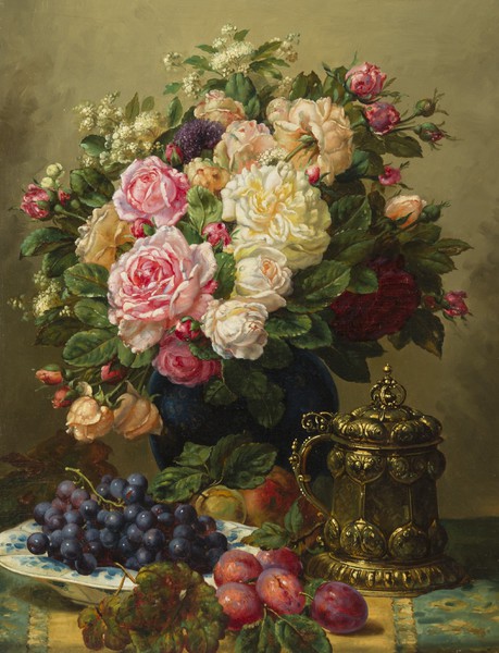 A Still Life with Roses, Grapes and Plums. The painting by Jean Baptiste Robie