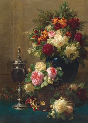 Jean Baptiste Robie, Still Life of Flowers with a Coconut Chalice on a Table, Painting on canvas
