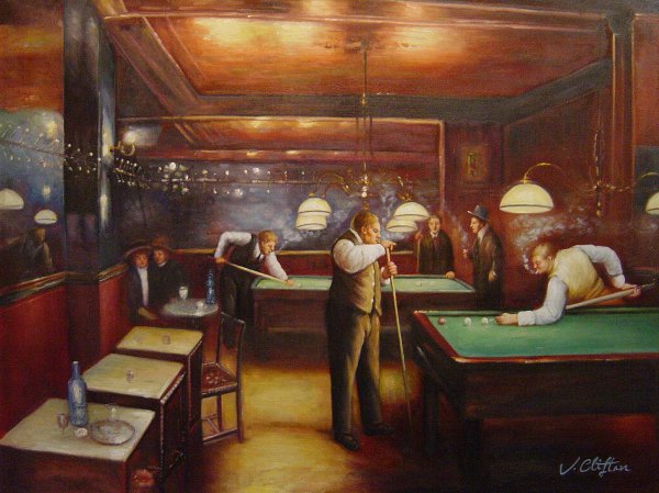A Game Of Billiards. The painting by Jean Beraud