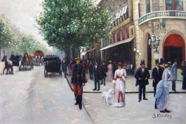 Outside the Vaudeville Theatre. The painting by Jean Beraud