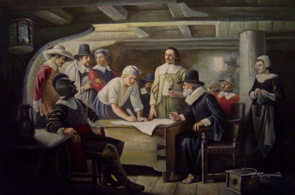 Signing The Mayflower Compact. The painting by Jean Leon Gerome Ferris