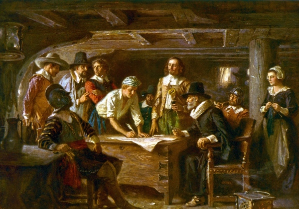 The Signing of the Mayflower Compact. The painting by Jean Leon Gerome Ferris