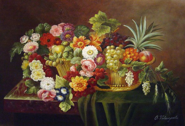 A Still Life With A Basket Of Fruit And A Wreath. The painting by Johan Laurentz Jensen