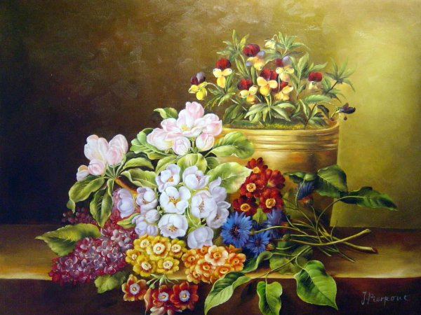 Apple Blossoms, Lilac, Violas, Cornflowers and Primroses. The painting by Johan Laurentz Jensen