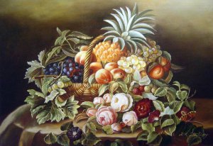 Still Life Of A Basket Of Fruit And Roses