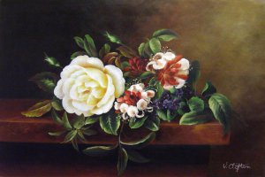 Johan Laurentz Jensen, Still Life With A Rose And Violets On A Marble Ledge, Art Reproduction