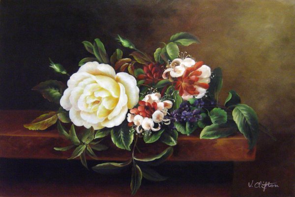 Still Life With A Rose And Violets On A Marble Ledge. The painting by Johan Laurentz Jensen