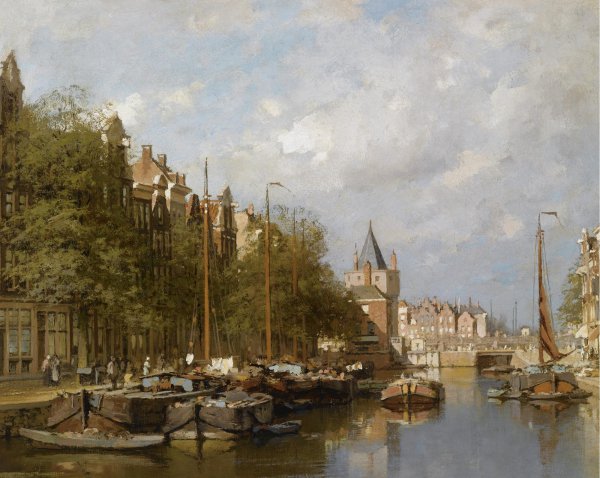 A View of the Gelderse Kade with the Schreirstoren, Amsterdam. The painting by Johannes Christiaan Karel Klinkenberg