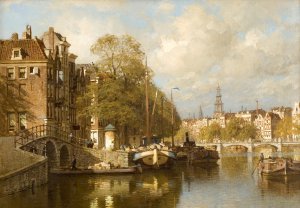 Famous paintings of Waterfront: A View on the Amstel, with the Blauwbrug and the Zuiderkerk, Amsterdam