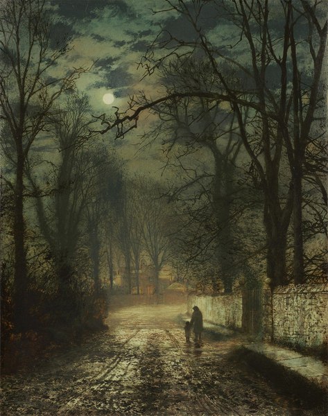 A Moonlit Lane. The painting by John Atkinson Grimshaw