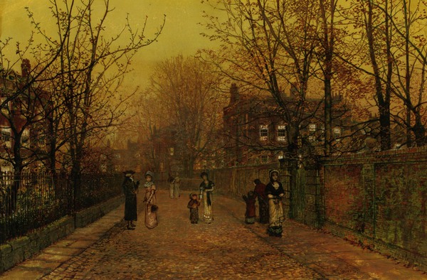 A Village Street on Sunday Eve. The painting by John Atkinson Grimshaw