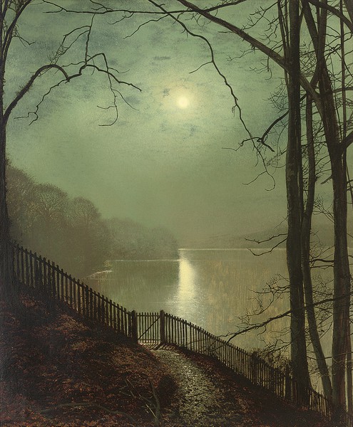 Along the Moonlit Lake, Roundhay Park, Leeds. The painting by John Atkinson Grimshaw