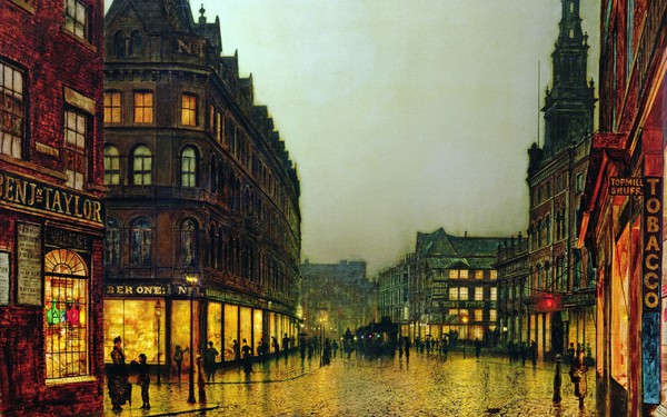 At Boar Lane, Leeds. The painting by John Atkinson Grimshaw