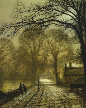 John Atkinson Grimshaw, Couple on Moonlit Country Road, Painting on canvas
