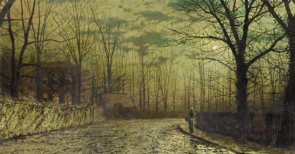 Figure on a Moonlit Lane. The painting by John Atkinson Grimshaw