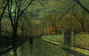 Famous paintings of Street Scenes: Figures in a Moonlit Lane after Rain