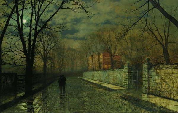 Figures in a Moonlit Lane after Rain. The painting by John Atkinson Grimshaw