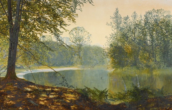Quiet of the Lake, Roundhay Park. The painting by John Atkinson Grimshaw