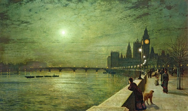 Reflections on the Thames, Westminster. The painting by John Atkinson Grimshaw