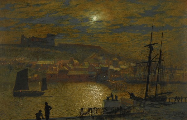 Whitby from Scotch Head, Moonlight on the Esk. The painting by John Atkinson Grimshaw