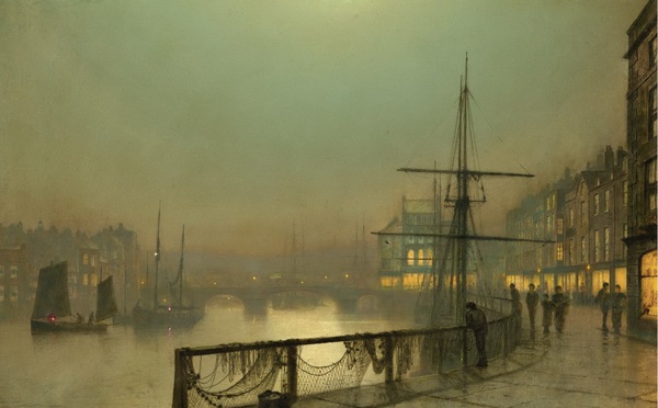Whitby Harbour by Moonlight. The painting by John Atkinson Grimshaw