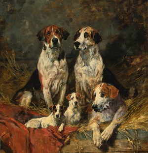 Reproduction oil paintings - John Emms - Four Foxhounds and a Terrier