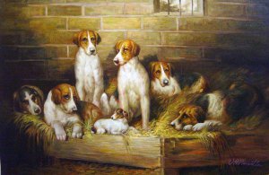 Foxhounds And Terriers In A Kennel, John Emms, Art Paintings