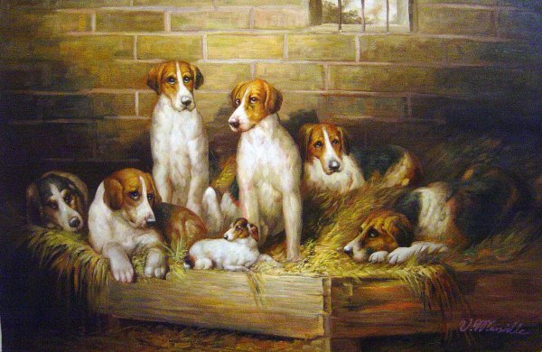 Foxhounds And Terriers In A Kennel. The painting by John Emms
