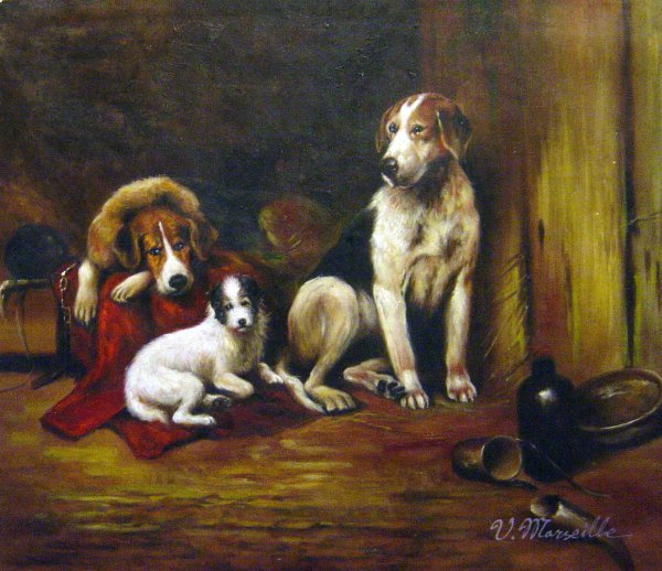 Hounds And A Jack Russell In A Stable. The painting by John Emms