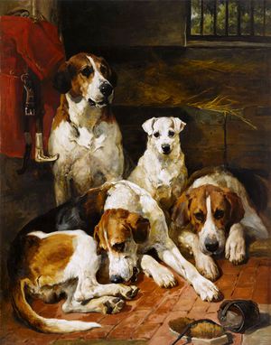 John Emms, Hounds And a Terrier in a Kennel, Painting on canvas