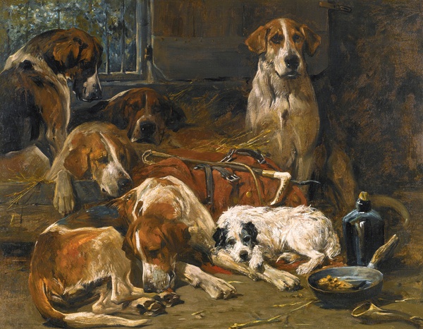 New Forest Buckhounds and a Terrier in their Lodges after the Hunt. The painting by John Emms
