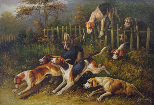 On The Scent-Foxhounds Hunting. The painting by John Emms