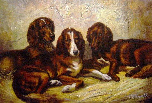 Shot And His Friends, Three Irish Red And White Setters. The painting by John Emms
