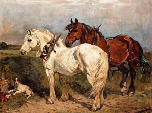 John Emms, Two Work Horses and a Resting Dog, Art Reproduction