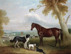 John Ferneley, Chestnut Hunter and Three Dogs Belong to William Brewitt in a Landscape with a Stean Train and Two Churches in the Distance, Painting on canvas