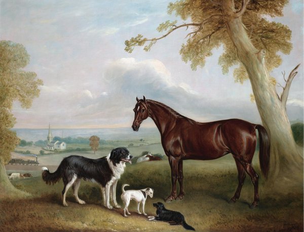 Chestnut Hunter and Three Dogs Belong to William Brewitt in a Landscape with a Stean Train and Two Churches in the Distance. The painting by John Ferneley