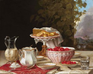 John Francis, Strawberries and Cakes, Painting on canvas