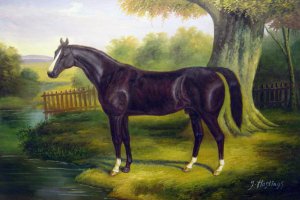 Famous paintings of Horses-Equestrian: A Dark Hunter In A River Landscape