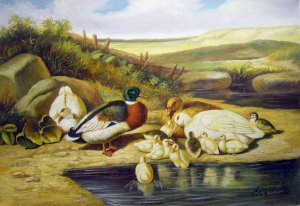 John Frederick Sr. Herring, Mallard Ducks And Ducklings On A River Bank, Painting on canvas