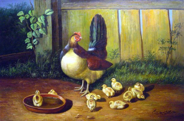 The Proud Mother Hen And Chicks. The painting by John Frederick Sr. Herring